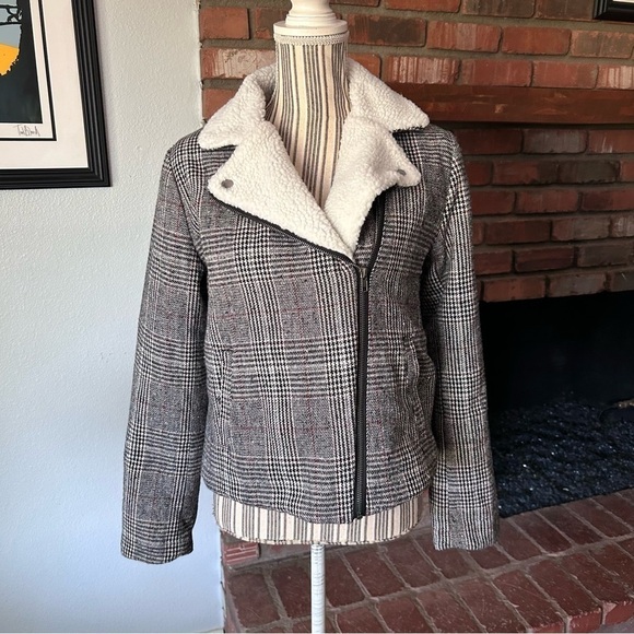 NWT White Crow Plaid Sherpa Lined Moto Jacket Sz M - Picture 1 of 8